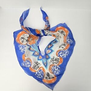 Pure Silk Blue and Orange Floral Womens Scarf Hand Rolled 16"×16" Old Money Chic